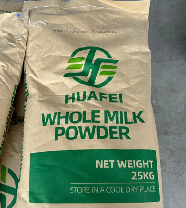 A 25kg brown paper bag labeled HUAFEI WHOLE MILK POWDER