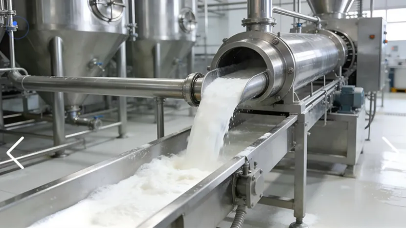 Industrial stainless steel machinery pouring white milk into a metal trough
