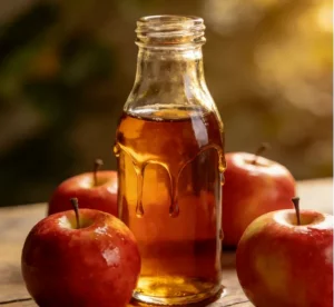 Apple juice concentrate bottle with fresh apples