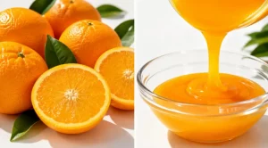 Fresh oranges and poured orange juice concentrate