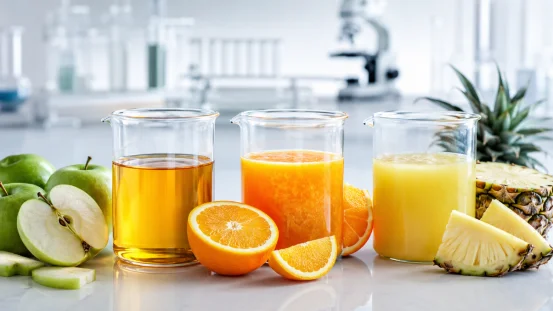 Apple orange and pineapple juice concentrates in glass beakers