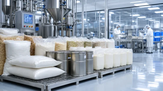 Bulk food raw materials packaged on pallets inside a clean processing factory