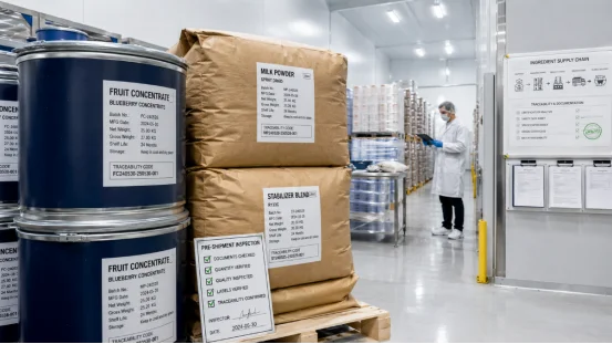 Packaged food ingredients and fruit concentrates in a sanitary warehouse