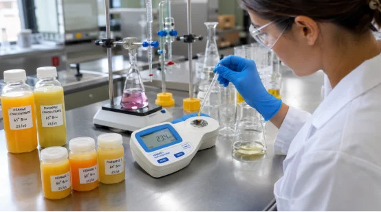 Quality control scientist testing juice concentrate Brix in a lab