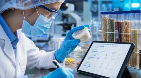 Quality control specialist inspecting a food raw material sample with an audit tablet