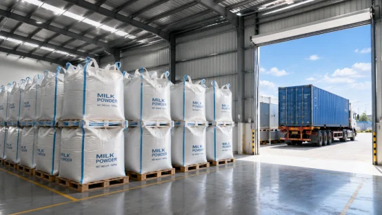 Bulk milk powder bags in warehouse for export