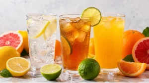 Three iced citrus drinks with fresh lemon, lime, and orange slices